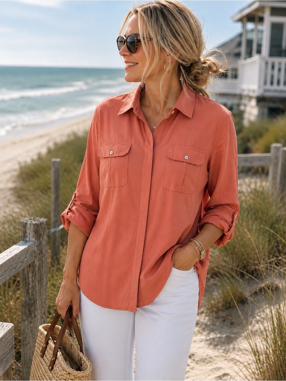 Chico’s Size 3 Coral Modal Utility Button Down Shirt Roll Tab Sleeve XL
